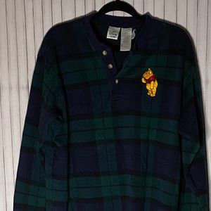 Vintage Disney Store green Plaid Henley Winnie the Pooh embroidered  Size L 80's